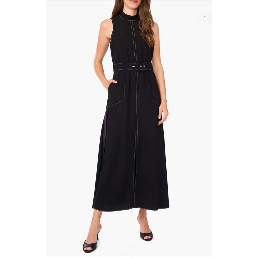 Halogen Belted Dress Sz XL Topstitched Waist Sleeveless Mock Neck Midi Black